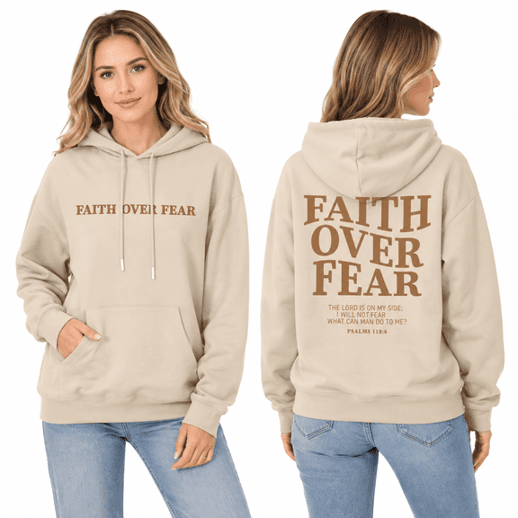 KimSoong Women Faith Over Fear Hoodie Christian Religious Sayings Letter Print Sweatshirt Bible Pullover Tops, Apricot
