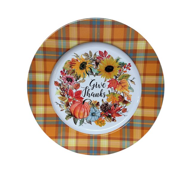 13-inch metal charger plate with an orange plaid border and a pumpkin wreath design surrounding the words 'Give Thanks' in the center.