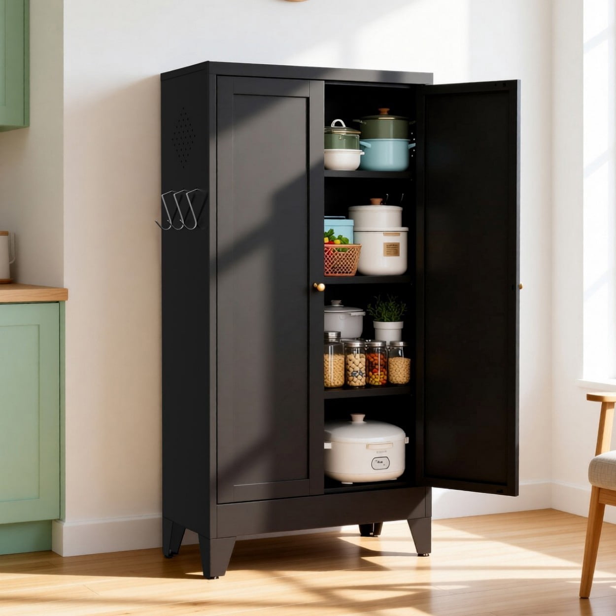 47.3" Metal Kitchen Pantry Cabinet with Doors, Heavy Duty Freestanding Storage Organizer, Adjustable Shelves, 110 LBS Capacity Steel Cabinet for Kitchen Pantry Living Room, Black