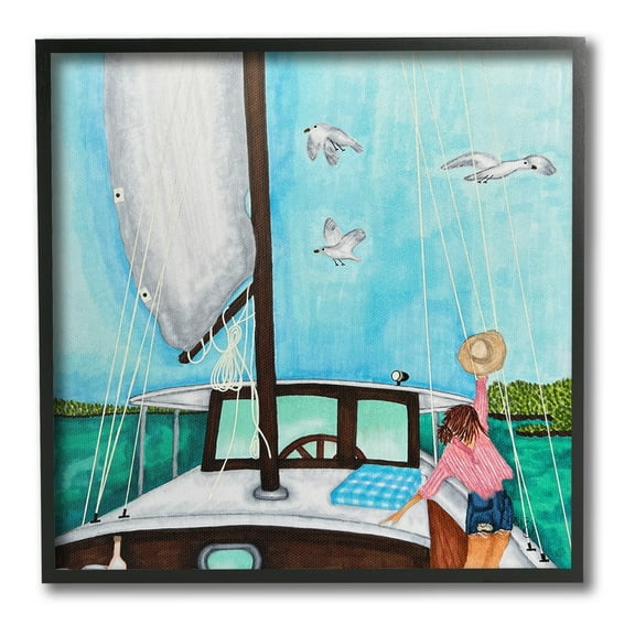 Stupell Industries Girl on Boat Scene Transportation Painting Black Framed Art Print Wall Art, 12 x 12