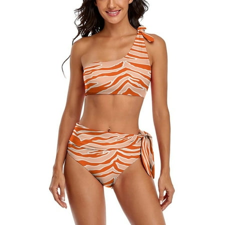 Tiger Print Orange One Shoulder Bowknot Swimsuit Two Piece Swimsuit Knot Crop Top Bikini High Waisted Bathing Suit