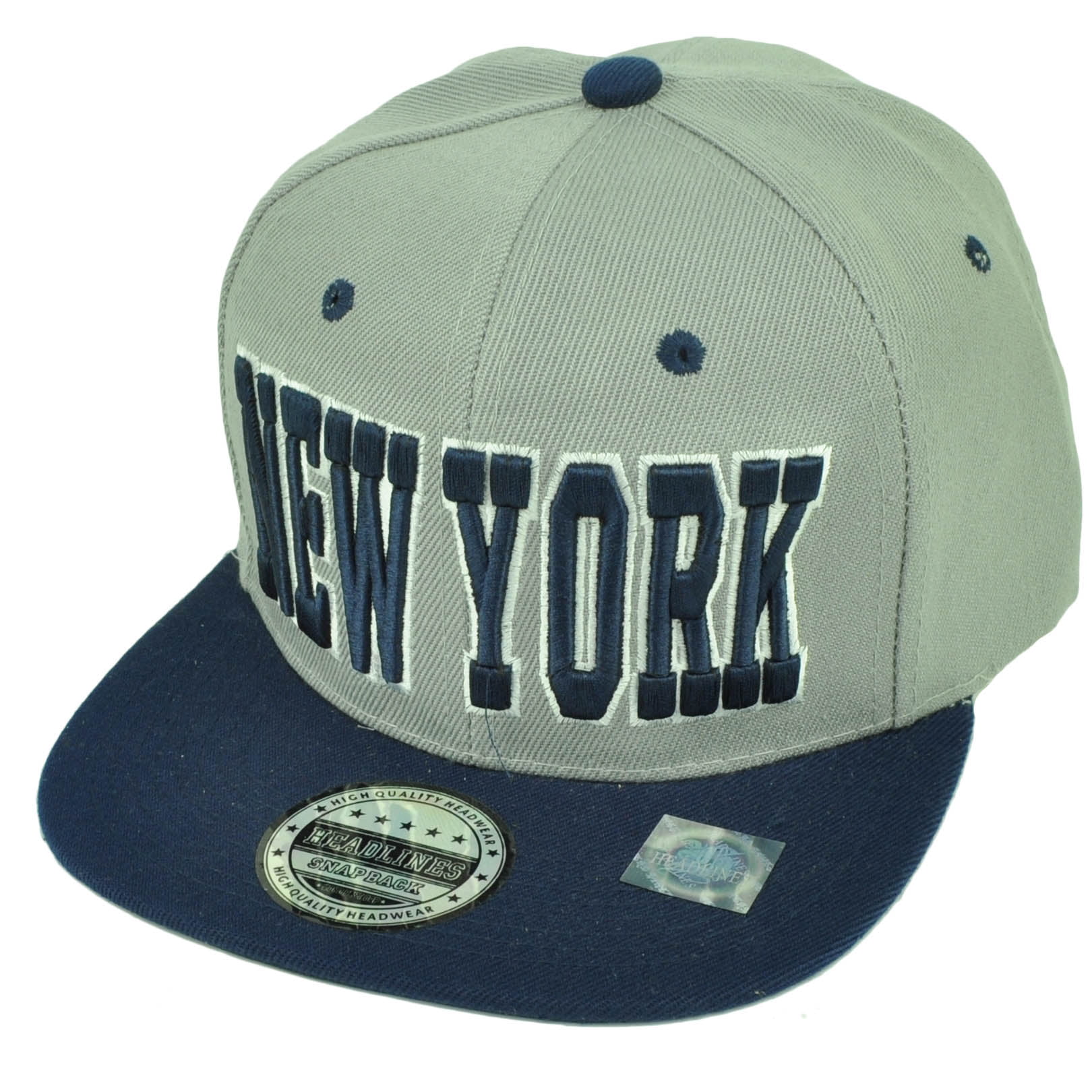 NEW YORK 3D EMBROIDERED FLAT BILL TWO TONE BLUE/GREY COTTON SNAPBACK 