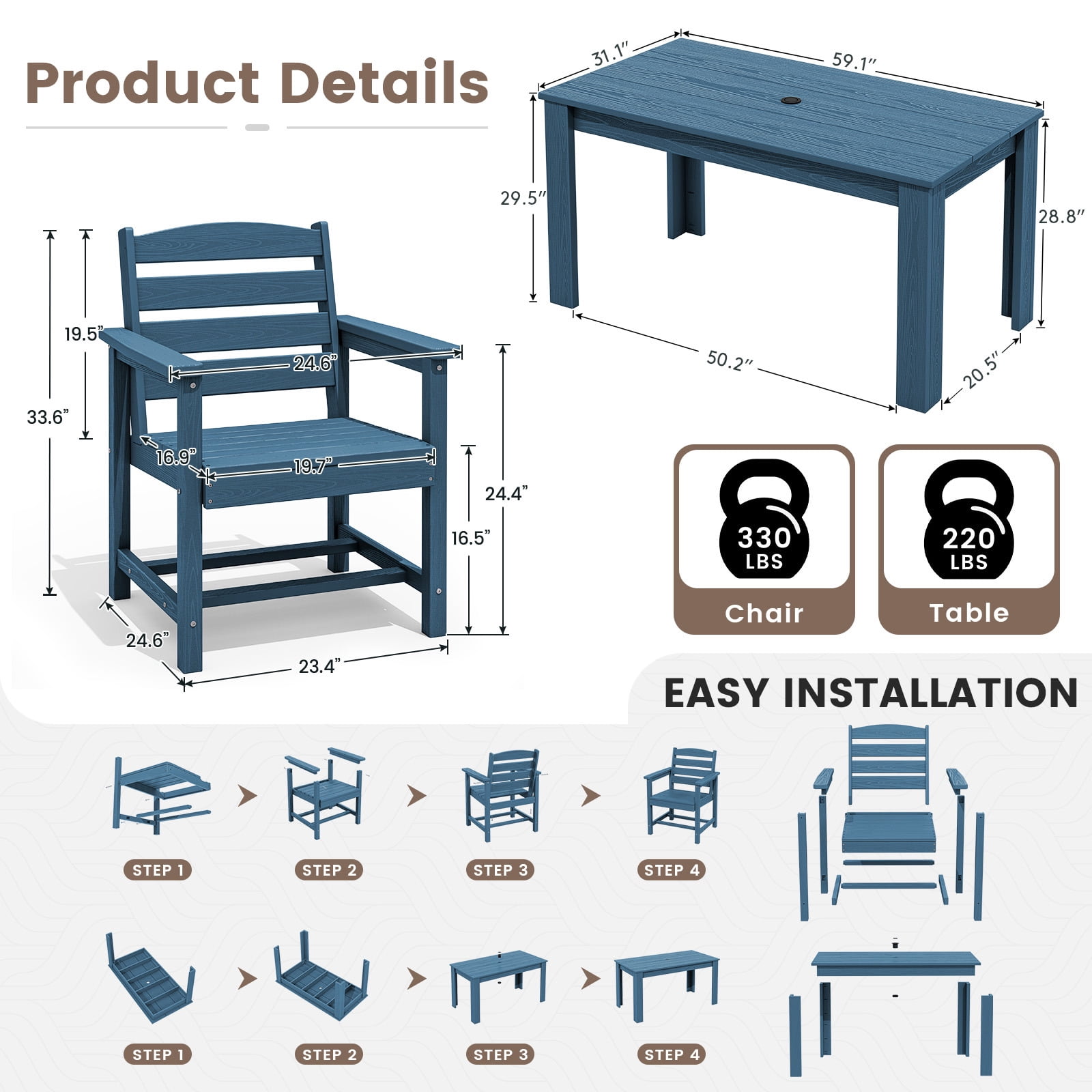 SERWALL 5-Piece Patio Dining Set, 59" Outdoor Dining Table and 4 Chairs with Umbrella Hole for Garden, Deck, Poolside, Blue