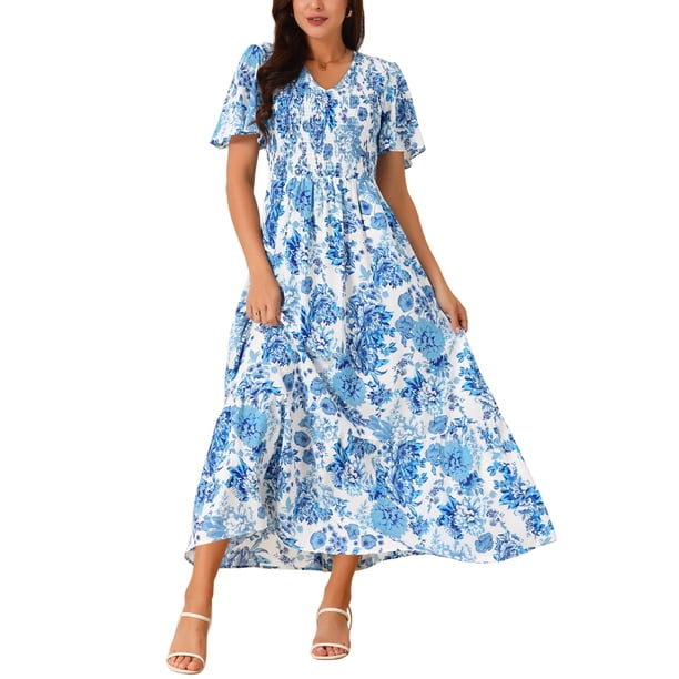 INSPIRE CHIC Women's Maxi Dress V Neck Flutter Sleeve Tiered Ruffle Casual Long  Dress Blue White M - Walmart Business Supplies