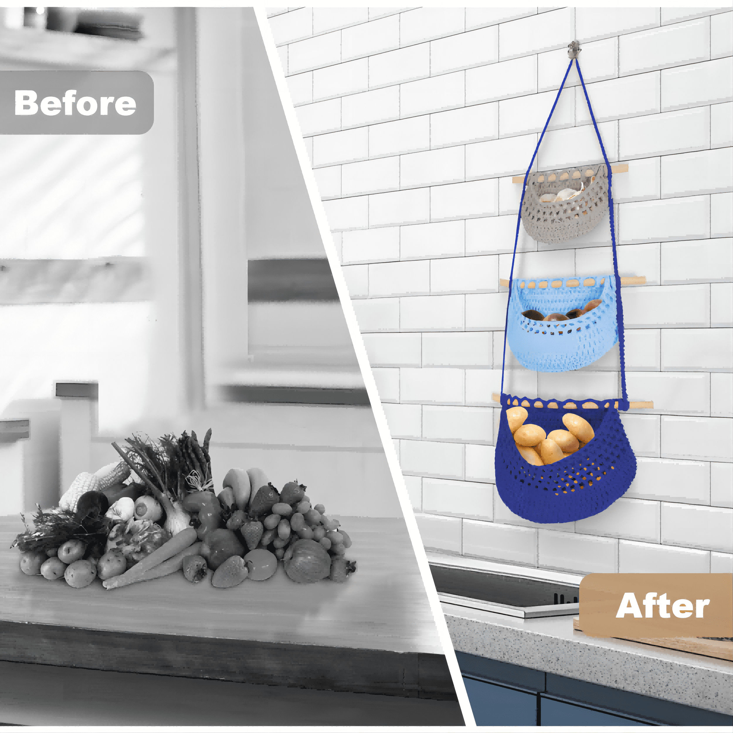 Hanging Fruit Basket, 3 Tier Detachable Wall Hanging Basket Over the Door Organizer for Fruit Vegetable Plant Decor, Gray Blue Boho Handwoven Cotton Rope Fruit Basket for Kitchen Bathroom Bedroom