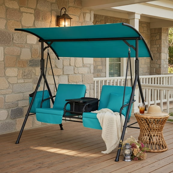 Resenkos Porch Swing, Porch Swing Chair with Adjustable Canopy-Turquoise, Hanging Outdoor Porch Swings for Garden, Backyard