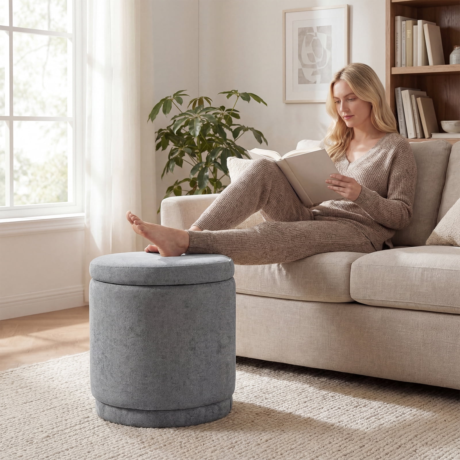 Costway Round Storage Ottoman Foot Rest with Removable Lid 400 LBS Weight Capacity for Home Gray