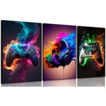 Hieng Cool Gaming Canvas Wall Art, Retro Video Game Watercolor Poster Pictures, Neon Gamepad Gamepad Painting Prints for Kids Boys Game Room Bedroom Wall Decor Framed