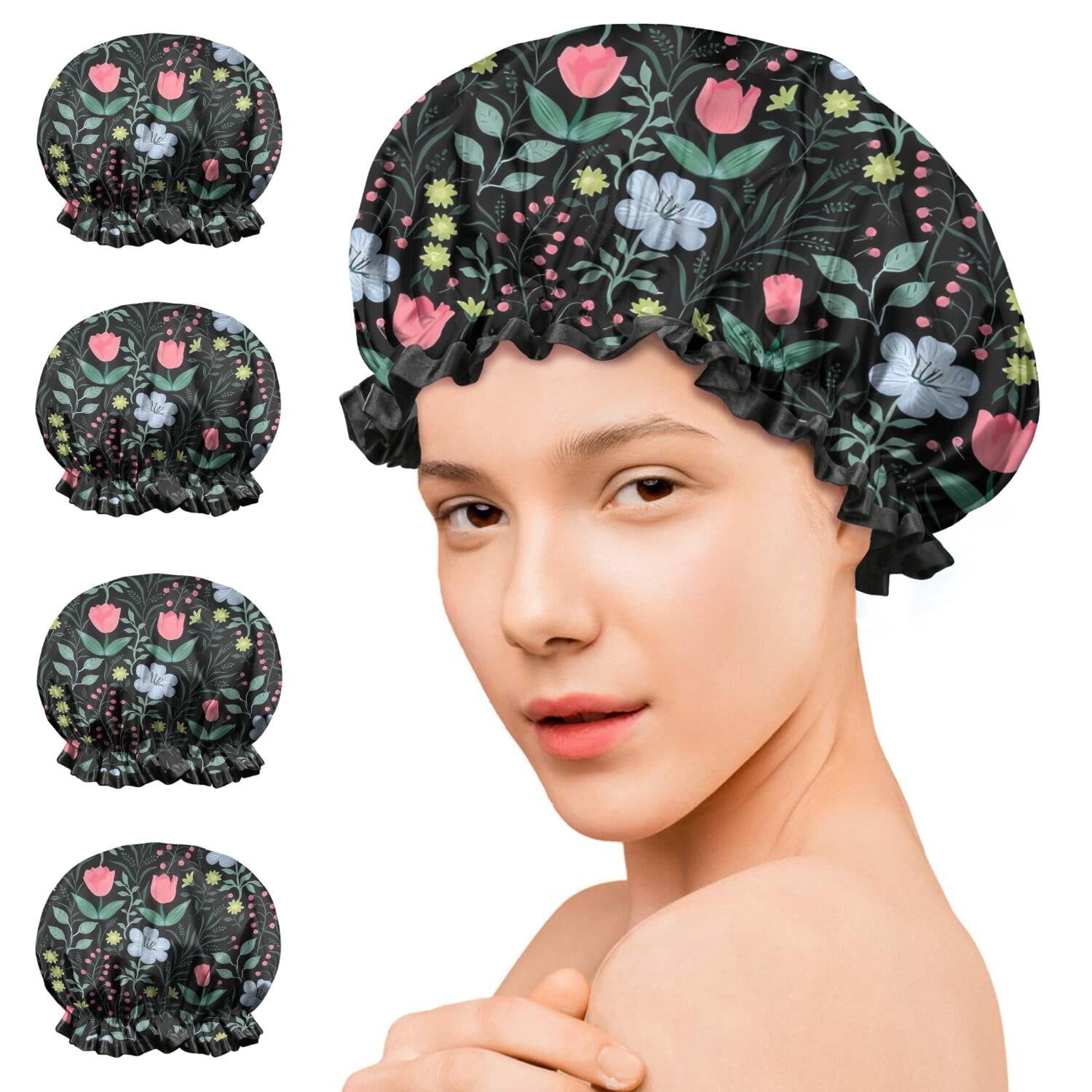 Shower Caps,Pioneer Flower Floral Print Pattern Waterproof Shower Cap for Women 4 Pieces,Double Reusable Hair Cover for Shower PEVA Elastic Stretch Hem