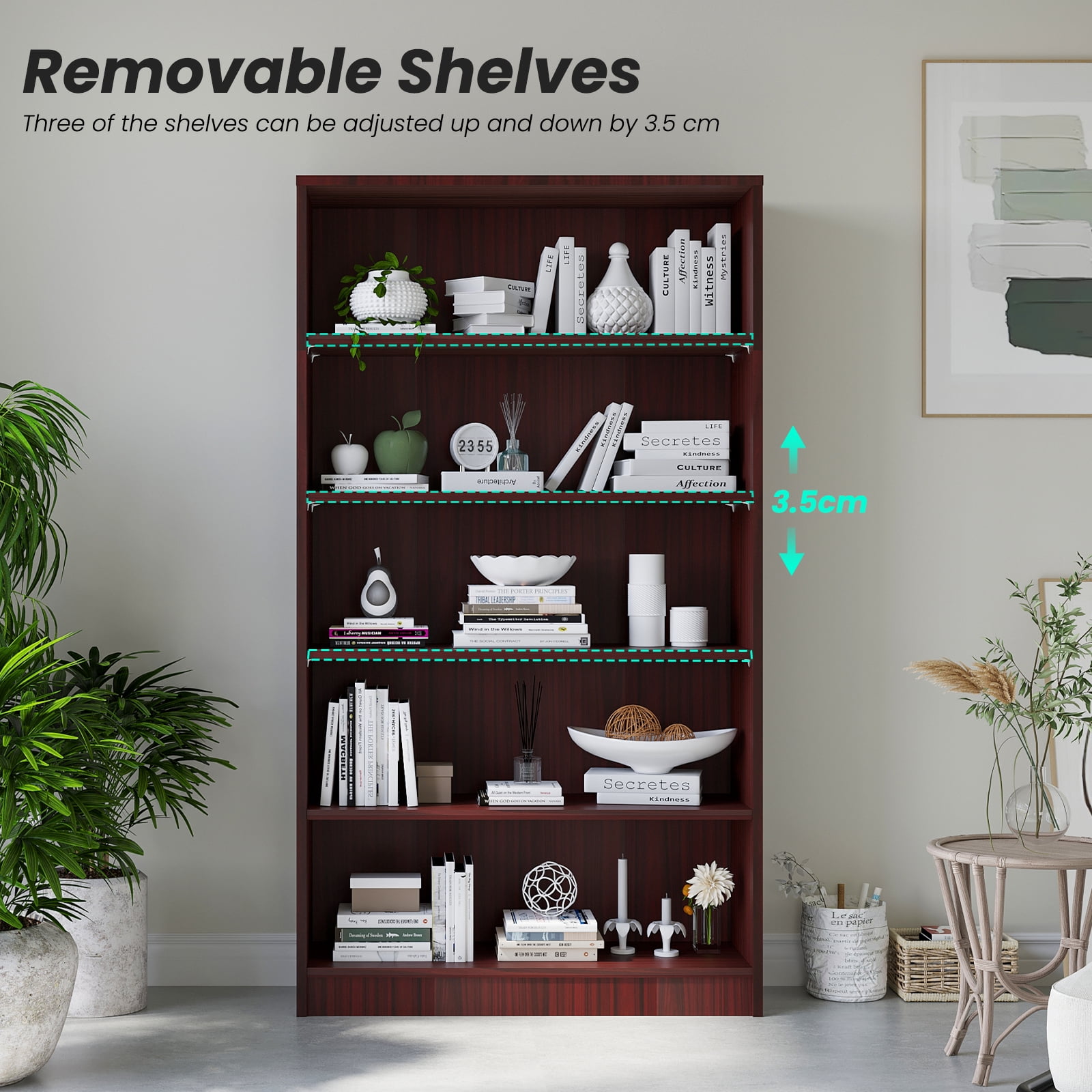 Farini 5 Tiers Bookcase, Wooden Bookcase with Adjustable Shelves for Home, Office, Mahogany