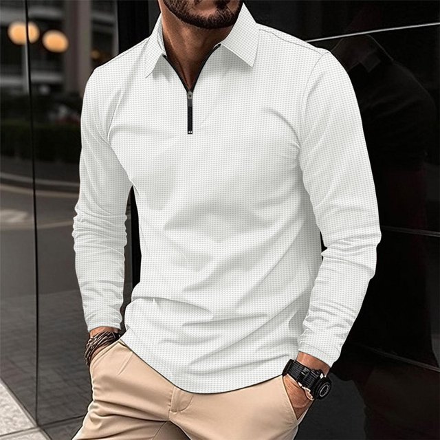 Blusa y camisa de manga larga con cuello vuelto para hombre, informal, de color liso, de manga larga, con cremallera y solapa a rayas, blusa de manga larga con cuello vuelto, blusa de poliéster para h
