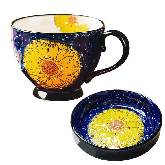 Yuungoou Soup Mugs With Handles, Ceramic Bouillon Cups, Small Breakfast Bowl, Soup Bowl With Lid, Cereal Bowl With Lid-blue and flowers-5inch, 17oz