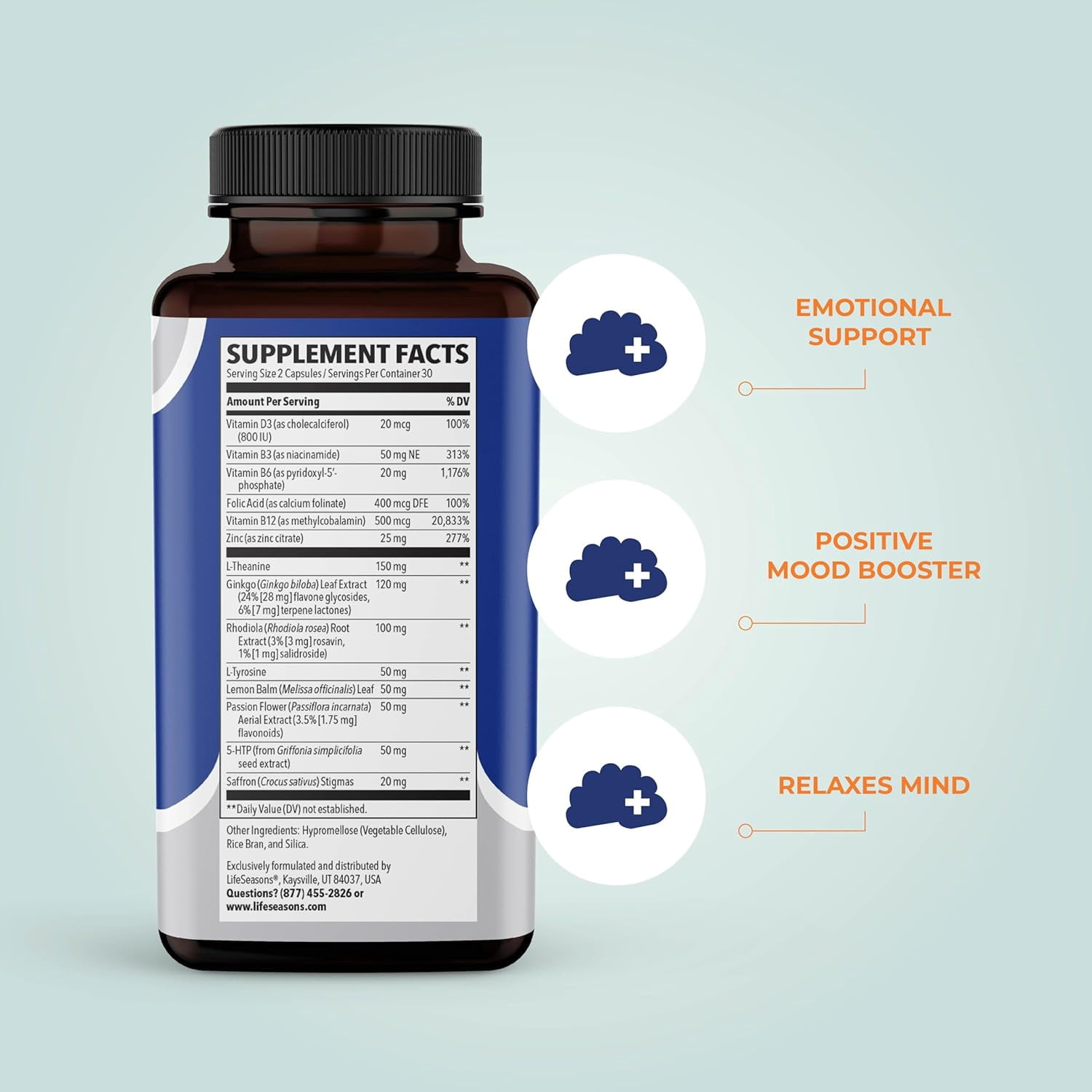 LifeSeasons - Mood Stabili-T - Positive Mood Booster - Enhanced Calmness and Happiness - Relaxed and Balanced Mind - Contains Rhodiola, Ginkgo Biloba, and Vitamin D3 - (60 Capsules)