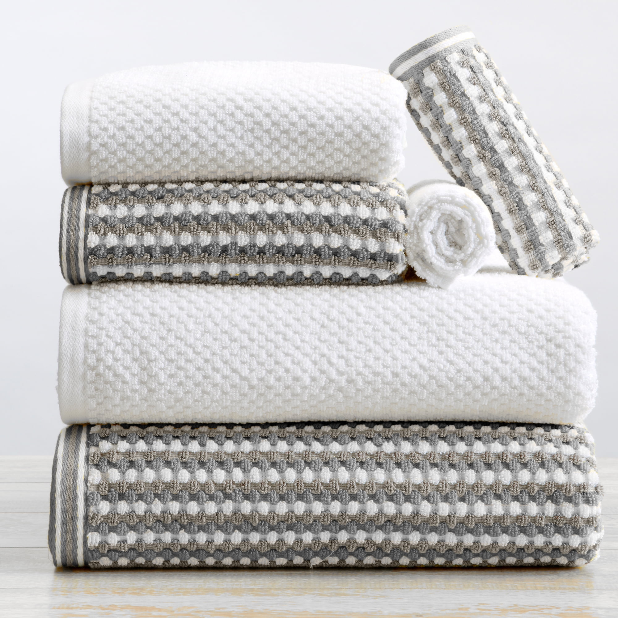 Great Bay Home Cotton Multi-Stripe Quick-Dry Towel Set (6 Piece Set, Dark Gray / Light Gray ...