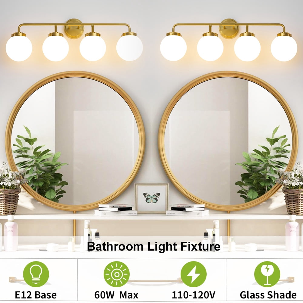 Vanity Lights for Bathroom Gold 4-Light Globe Mordern Vanity Light Fixtures Over Mirror with White Globe Shade