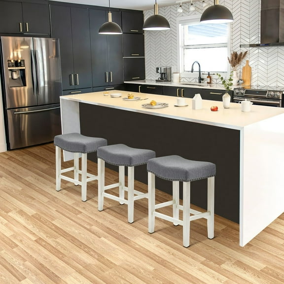 WestinTrends Lenox 24" Upholstered Saddle Seat Antique White Counter Stool (Set of 3), Antique White