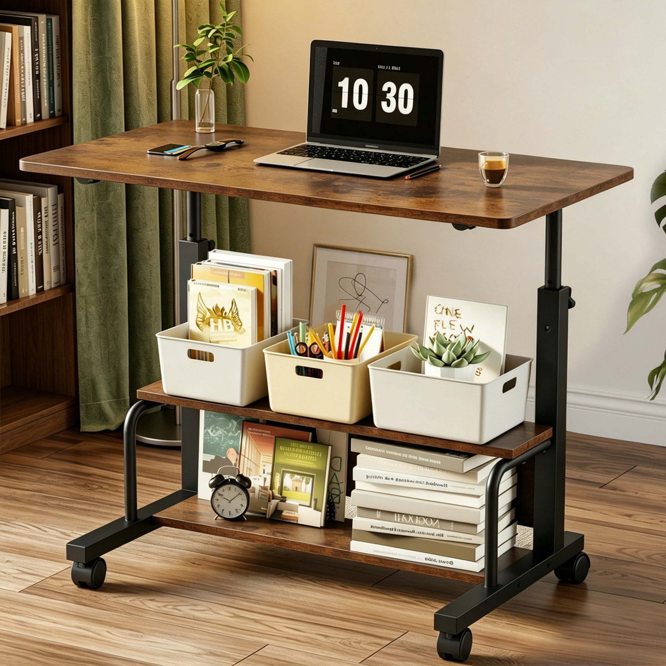 CONCETTA 31.5'' Adjustable Height Rolling Computer Desk with Storage Shelves, Portable Mobile Desk for Small Spaces Home Office, Rust