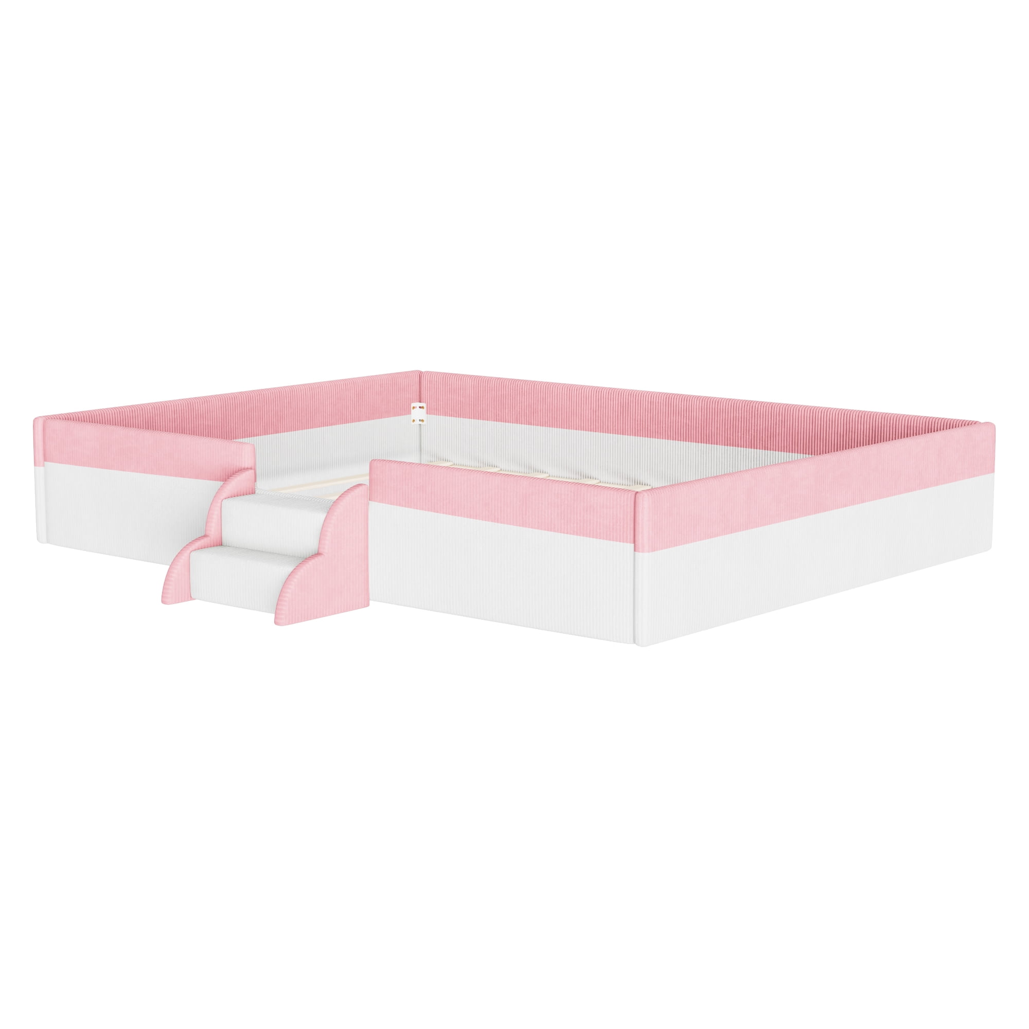 Howcool Queen Size Corduroy Upholstered Floor Bed with Fence and Smart LED Lights,2-Tier Steps Platform Bed Frame,Pink+White