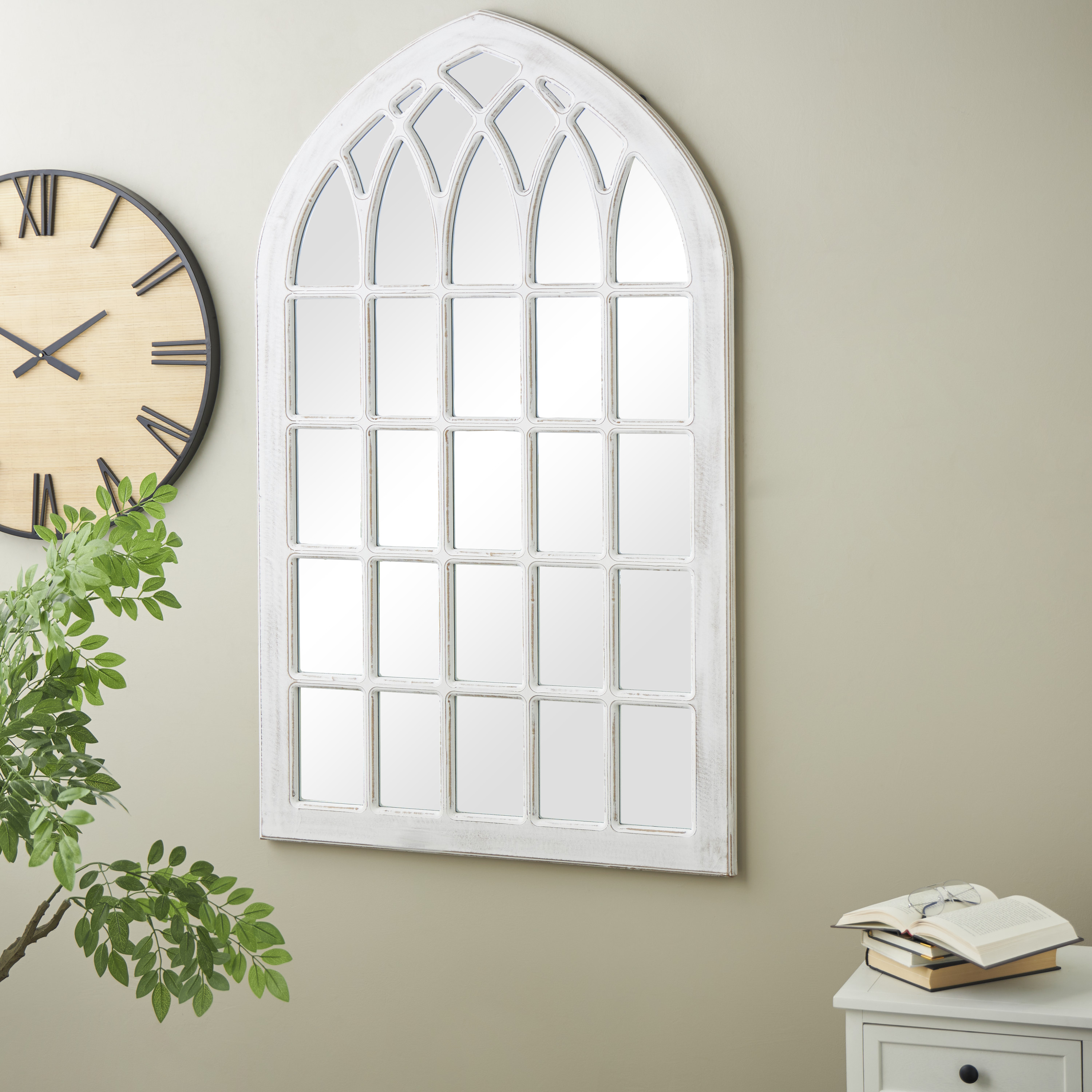 DecMode 36" x 60" White Distressed Window Pane Wall Mirror