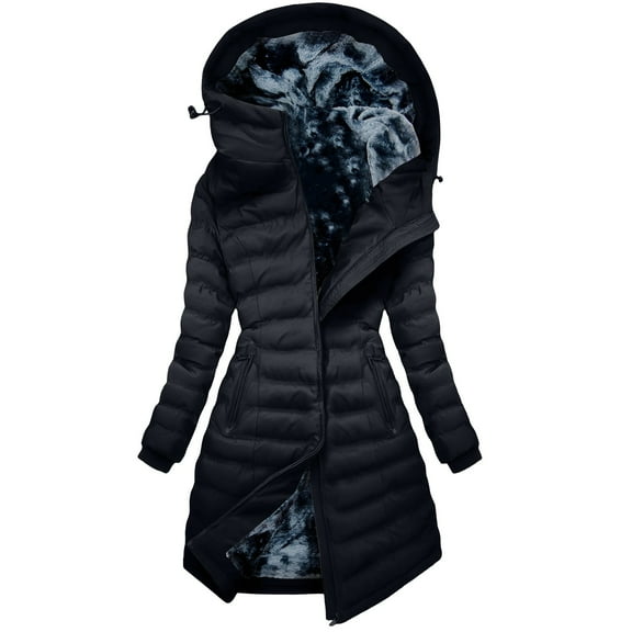 Erwazi Winter Fleece Lined Coats for Women Zipper Hooded Long Down Jackets Quilted Parka Outerwear with Pockets