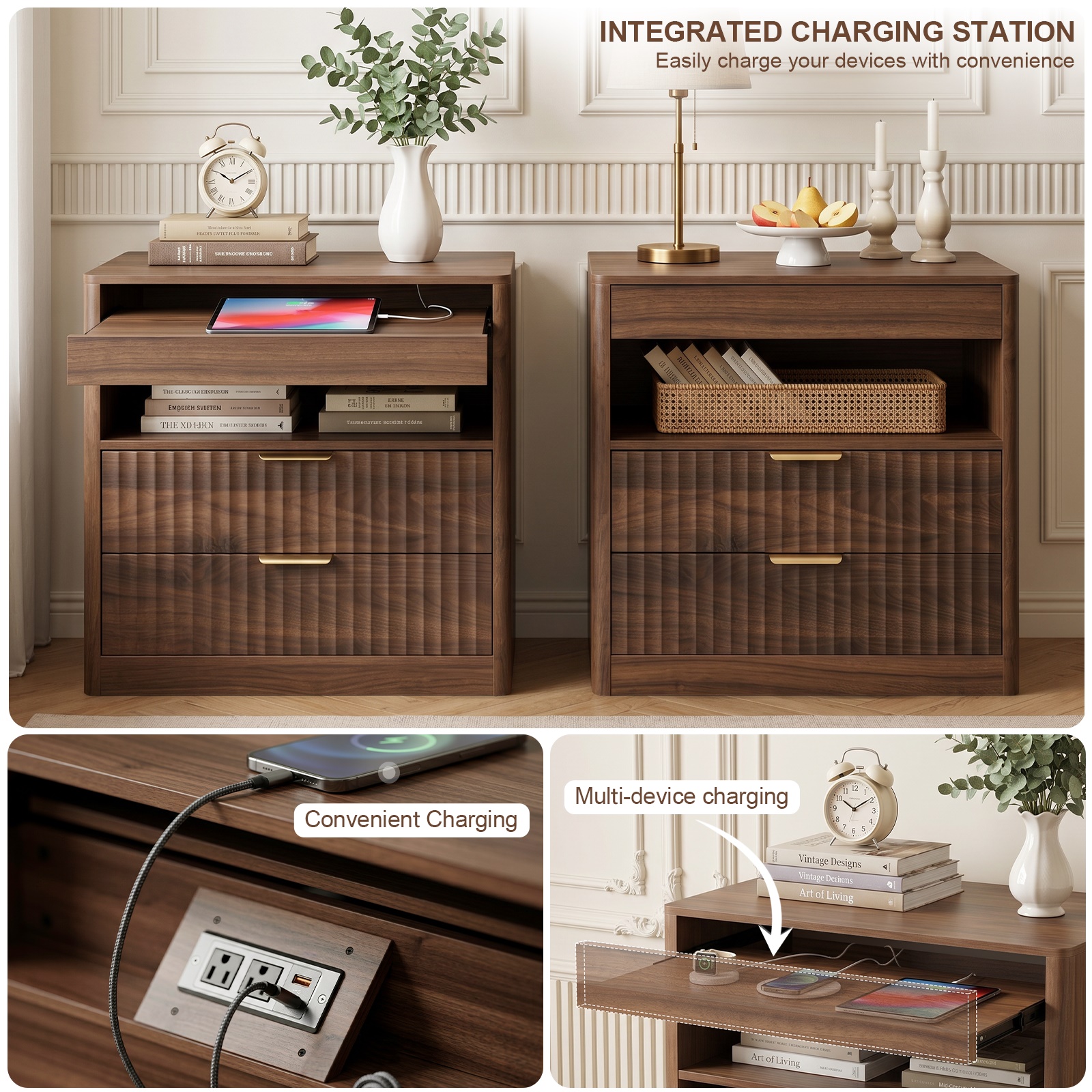 Hommoo Nightstand with 2 Drawers, Pull-Out Shelf & Hidden Power Outlets, Modern Bedside Table for Bedroom, Office or Living Room, Walnut