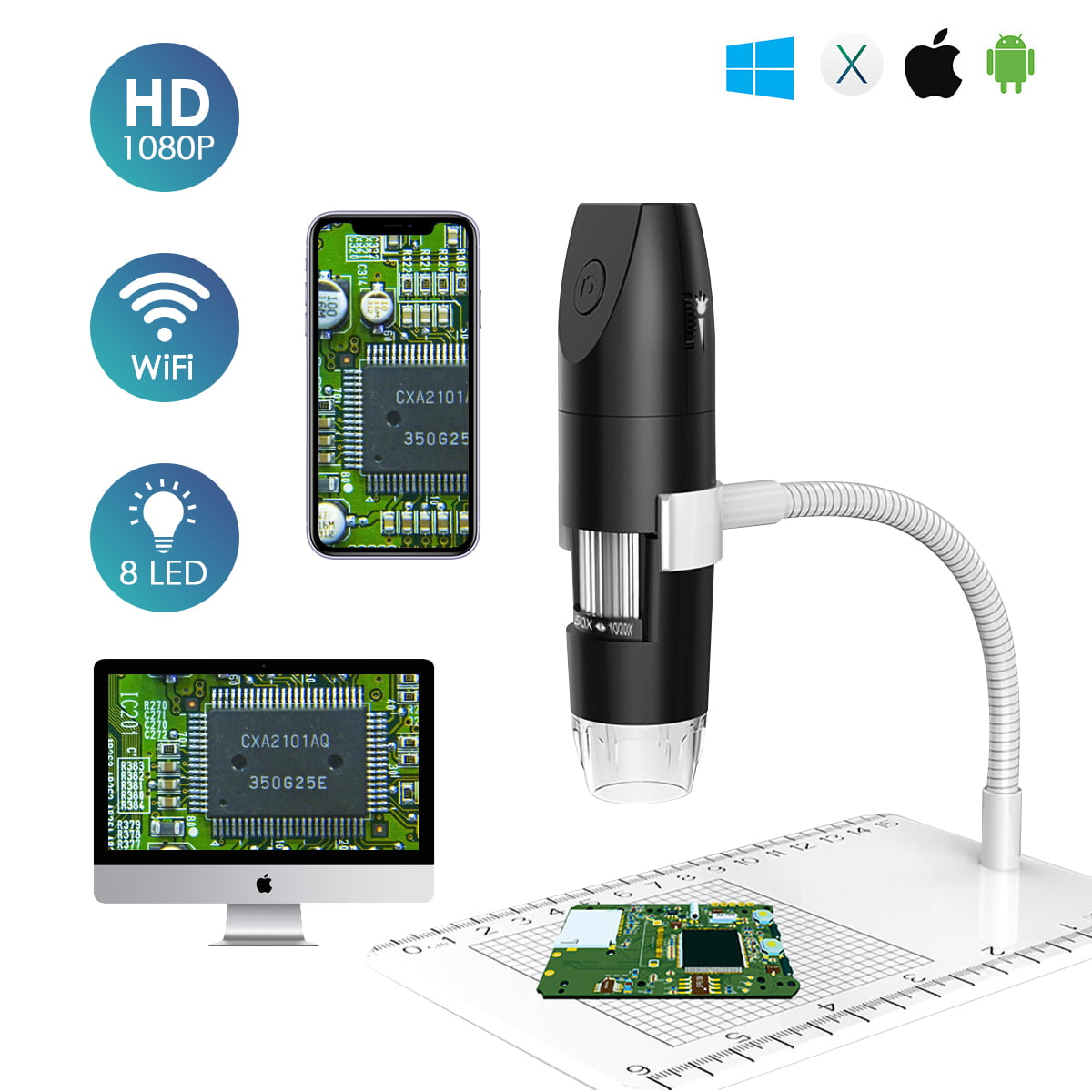 DOOK 4.3 inch Screen Full Color LCD Digital USB Microscope,WiFi Wireless 50X PCB Coins Magnify for Windows Mac 1000X Magnification Zoom Camera 1920X1080P Video Recording/Saving 