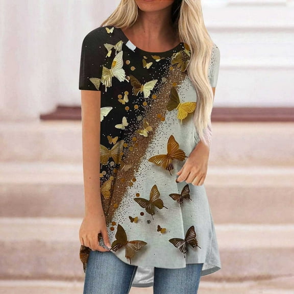 QUNYINEY Crew Neck Womens Shirts Butterfly Casual Short Sleeve Tops Loose Summer Pullover Tops for Women