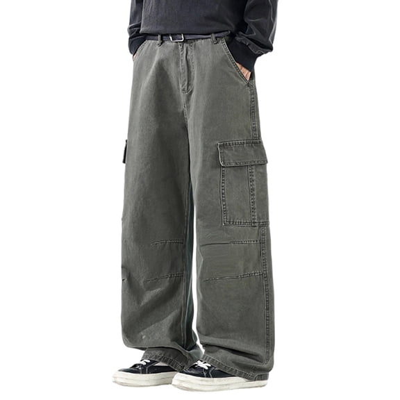 Mens Cotton Baggy Cargo Jeans Wide Leg Hip Hop Jeans Streetwear Loose Fit Denim Pants
