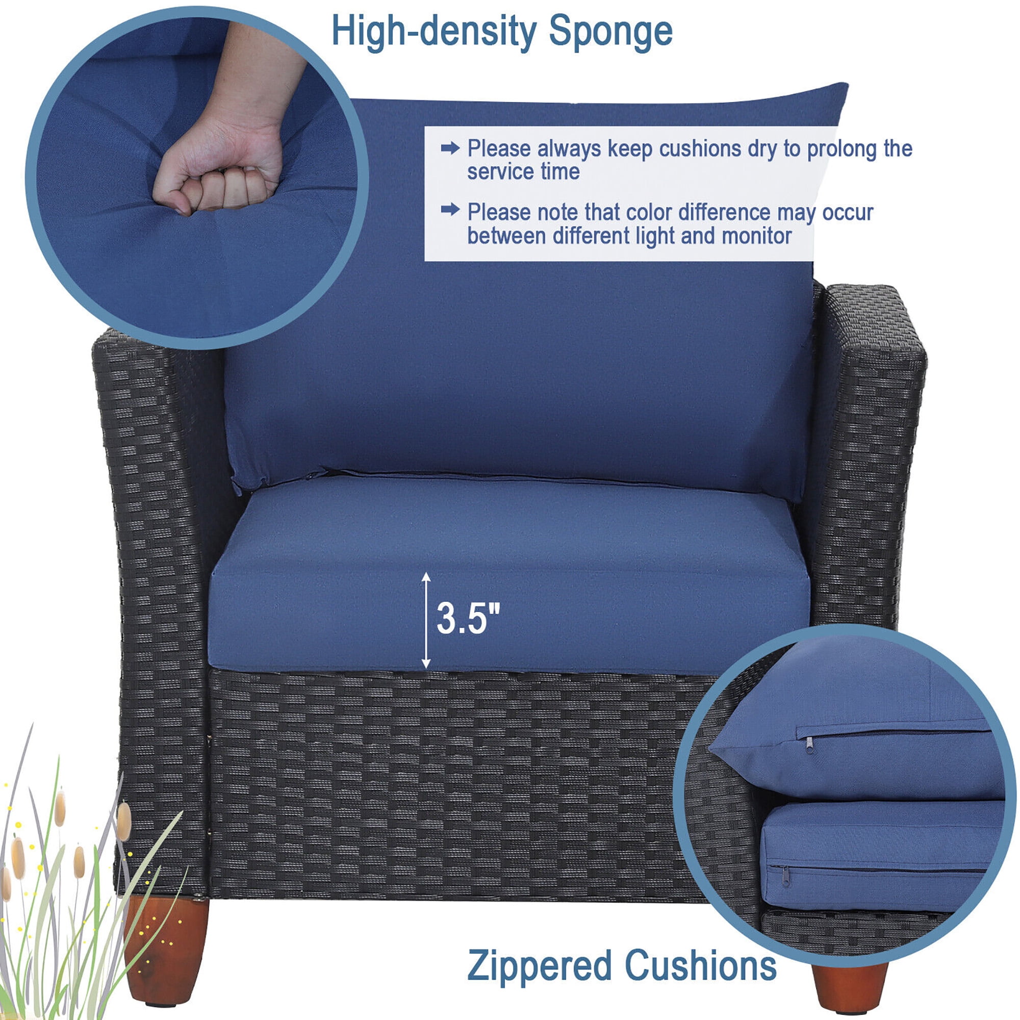 Gymax 3PCS Patio Rattan Conversation Set Outdoor Furniture Set w/ Navy Cushions