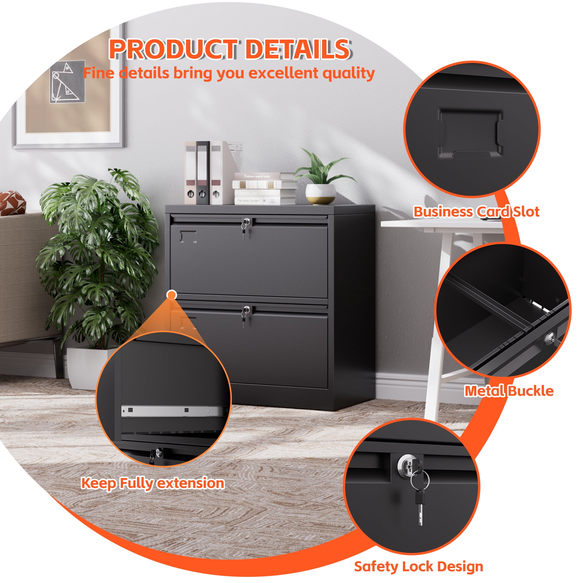 AOBABO Metal Lateral File Storage Cabinet with 2 Drawer,Lockable Steel Filing Storage Cabinet for Office and Home, Black, Assembly Required