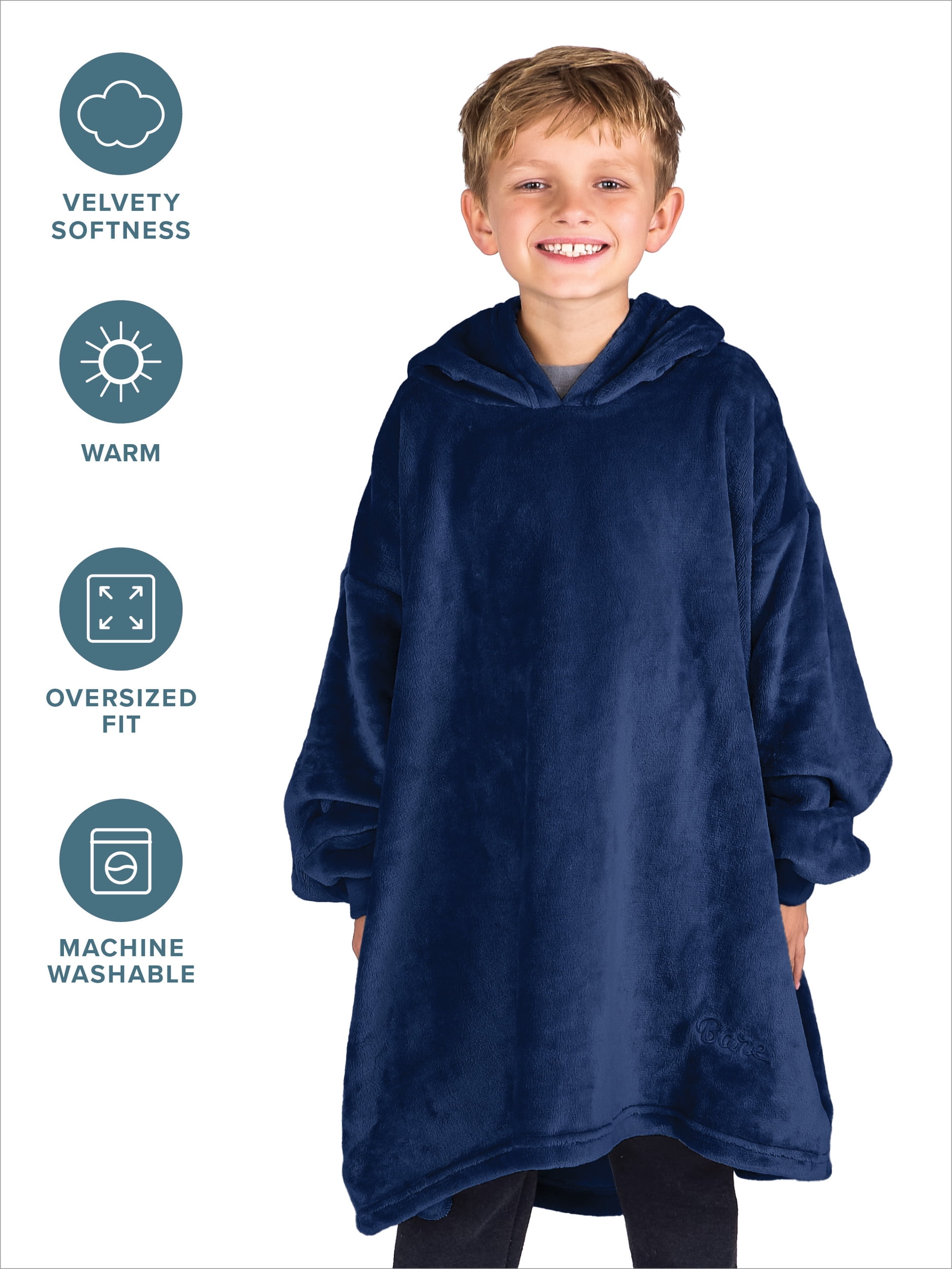 Bare Homey Kids Size Microplush Wearable Blanket - Side Pockets - Warm - Velvety Soft, Dark Blue