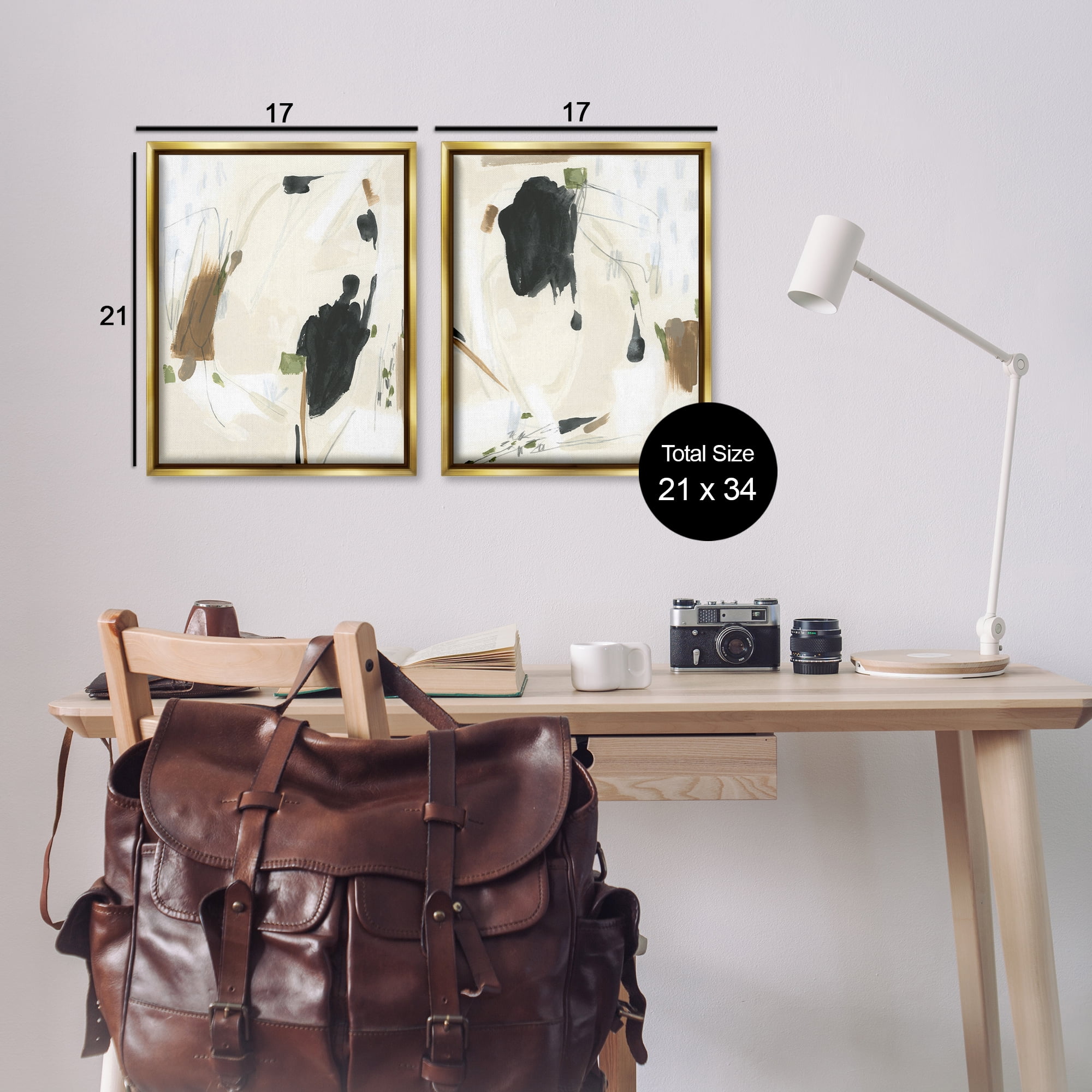 Stupell Industries Beige Olive Abstract Classic Abstract Painting Gold Floater Framed Canvas Art Print Wall Art, 17 x 21, Set of 2