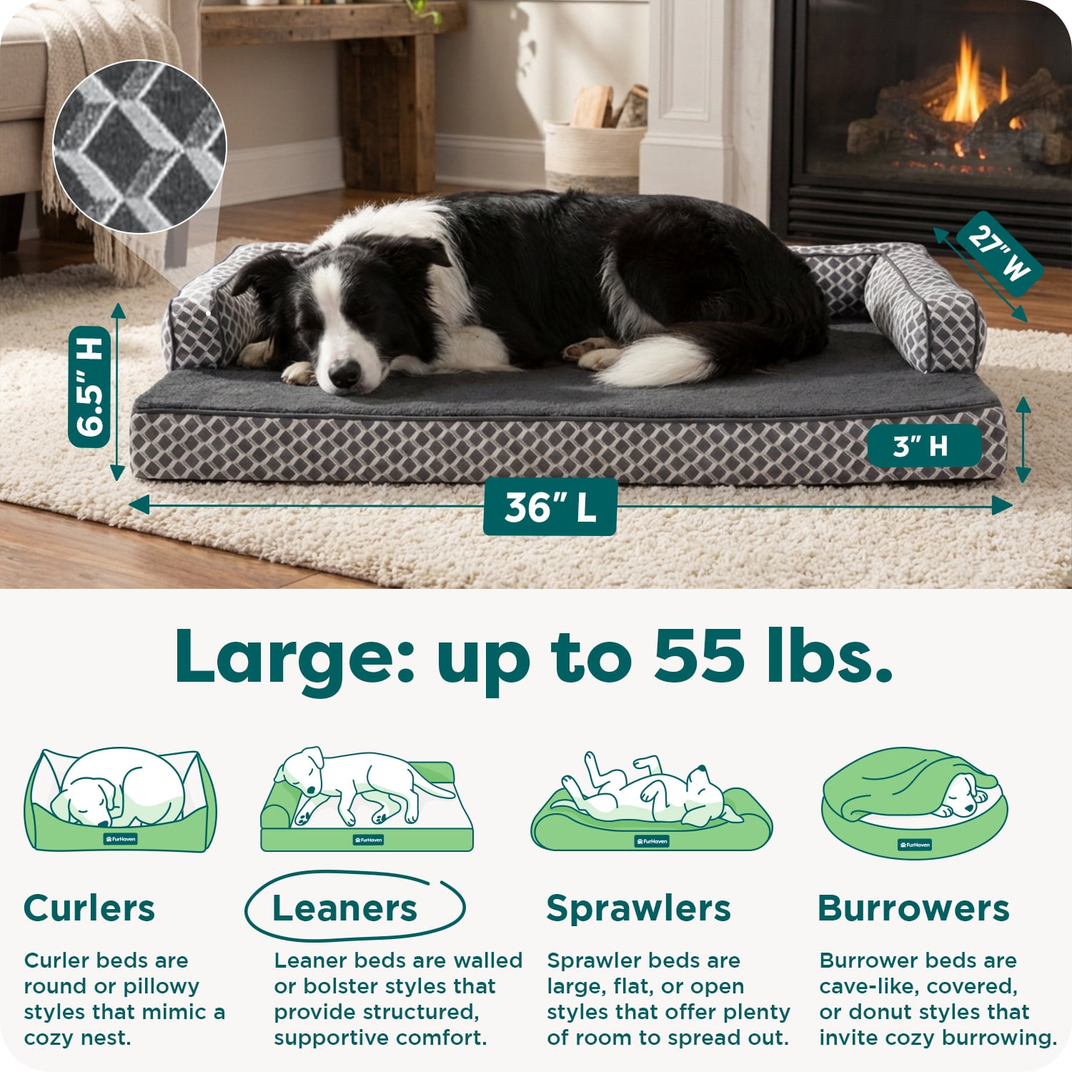 FurHaven Orthopedic Dog Bed Comfy Couch Sofa, Egg Crate with a Solid Orthopedic Foam Base for Joint Support, Removable Washable Cover, Large, Plush & Woven, Diamond Blue, 1 Count