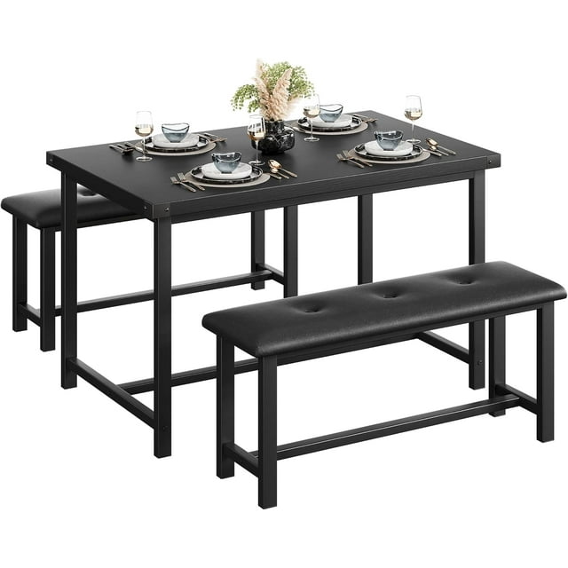 Twister.CK 3-Piece Dining Table Set with 2 Upholstered Benches, MDF Top and Metal Frame, Space-Saving Design for Kitchen or Dining Room, Black