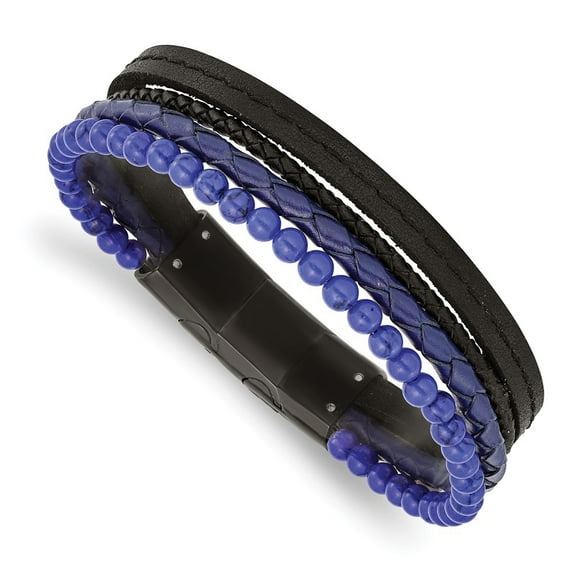 Auriga Stainless Steel Men's Black IP-plated Multi Strand Lapis Beaded Black and Blue Leather 8" Bracelet with .5" Ext.