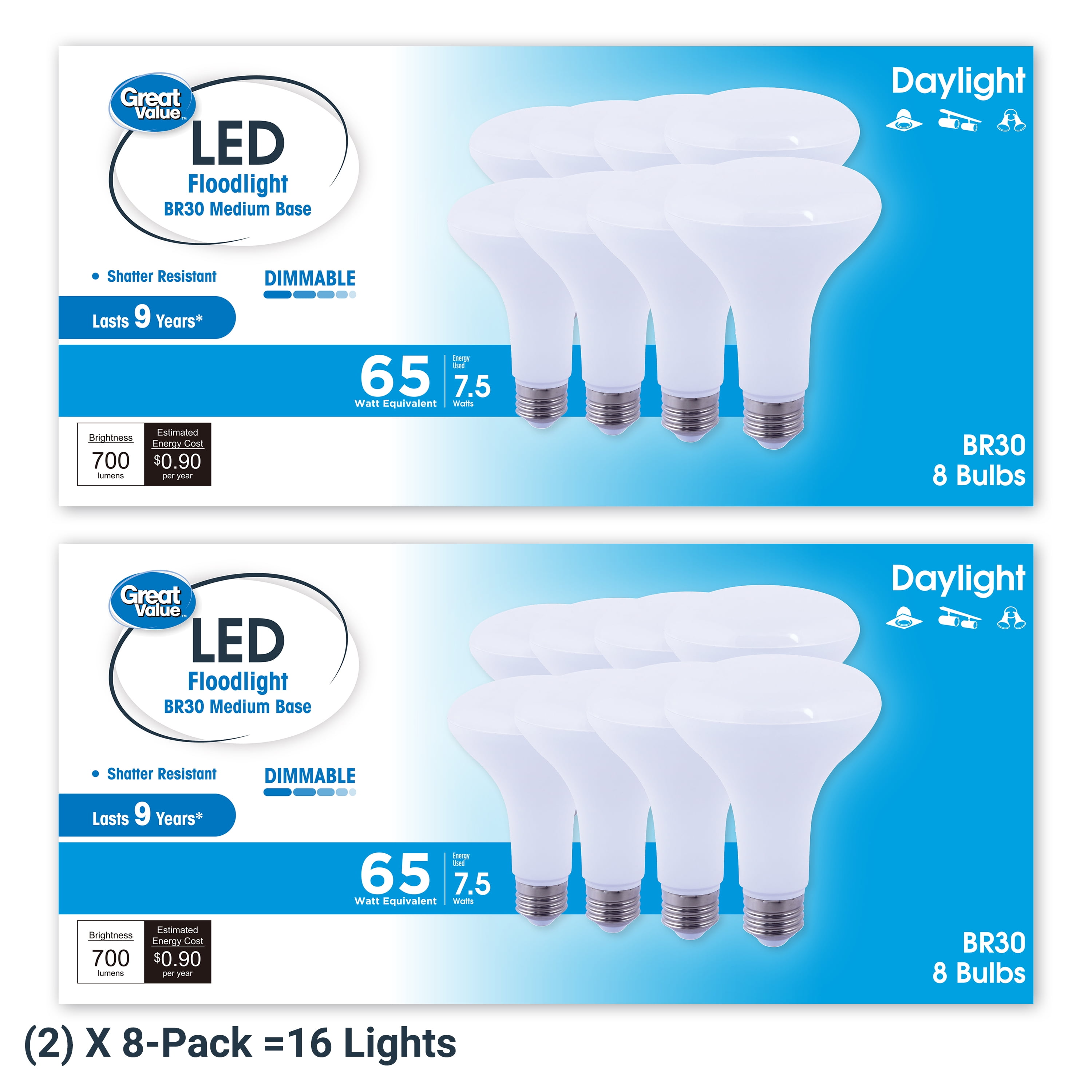 Great Value BR30 LED 7.5W (65W Equivalent) Daylight E26 Medium Base Floodlight Bulbs, Dimmable, 16 Pack