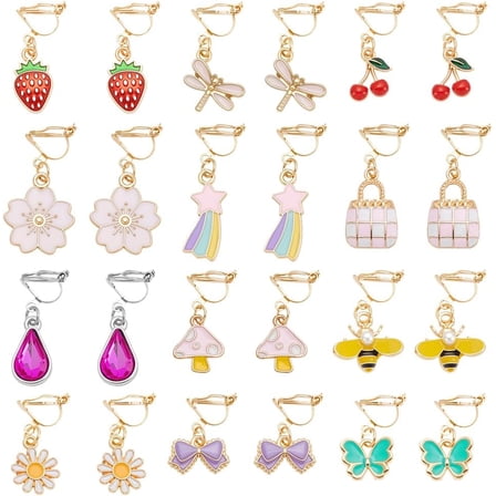 12Pair Colorful 304 Stainless Steel Clip-on Earring Earrings Summer Theme Ears Flower Butterfly Clip-on Earring Enamel Dangle Earrings for Women Gifts