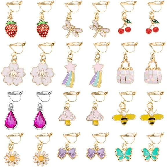 12Pair Colorful 304 Stainless Steel Clip-on Earring Earrings Summer Theme Ears Flower Butterfly Clip-on Earring Enamel Dangle Earrings for Women Gifts