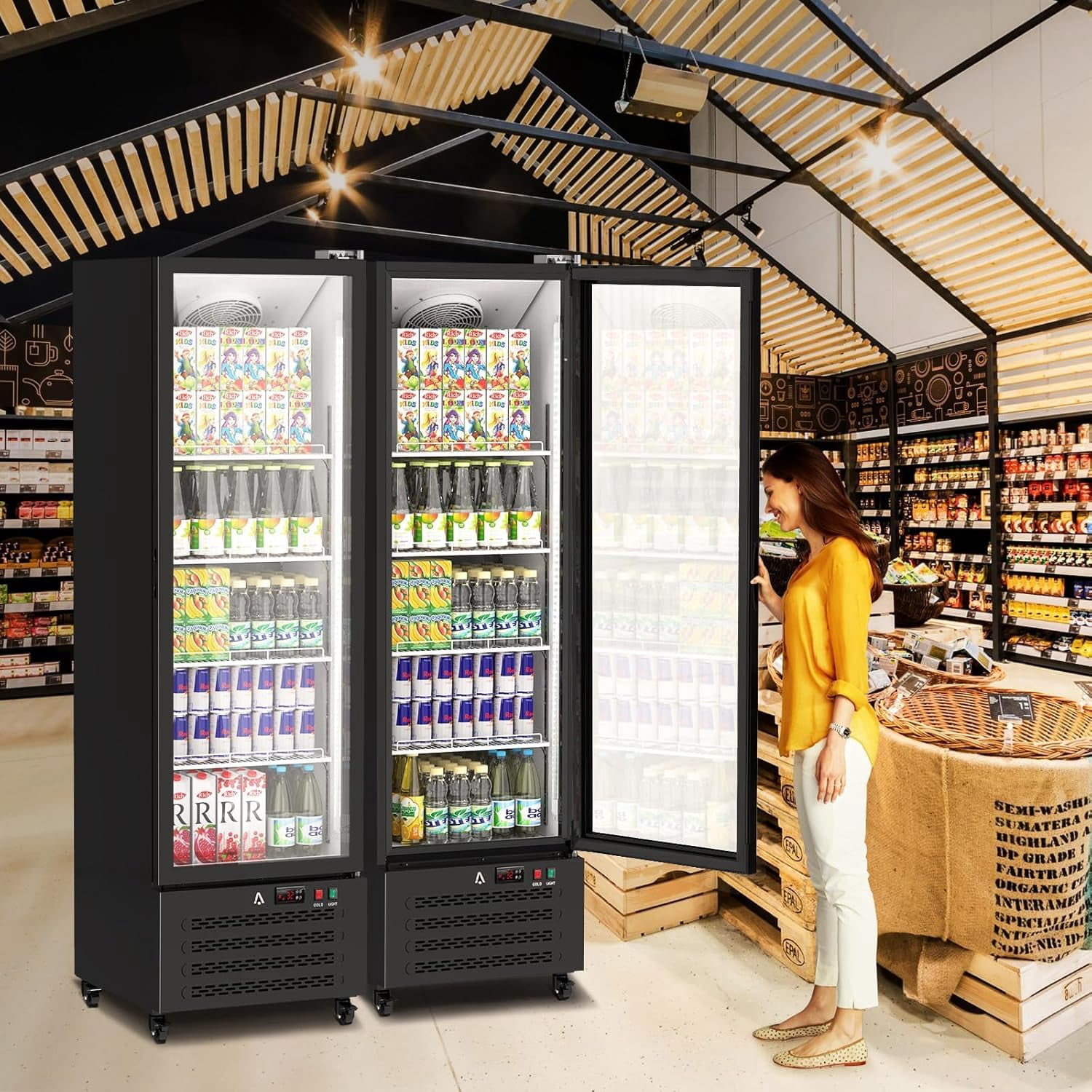 IdealHouse Commercial Beverage Refrigerator, 11.6 Cu. Ft. Upright Beverage Display Refrigerator with Double-Layer Glass Door and Adjustable Shelves, Freezer Beverage Cooler
