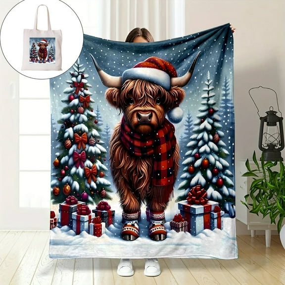 Christmas Highland Cow Bundle – 50x60 Inch Plush Fleece Blanket & Canvas Tote Set, Festive Winter Holiday Decor for Farmhouse Aesthetic, Cute Xmas Gift for Cow Lovers & Christmas Enthusiasts