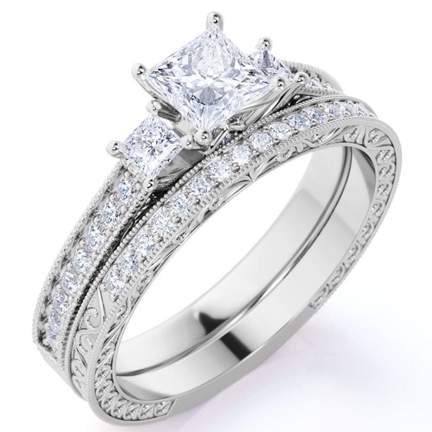 JeenMata Anillo de Boda Estilo Victoriano de Tres Piedras con Pavé de Diamantes de Talla Princesa Engastado en Oro Blanco de 10 K