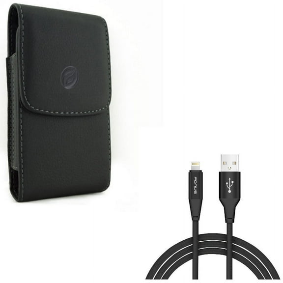 Charger Cord 10ft USB Cable w Leather Case Belt Clip for iPhone XS Max/8 PLUS/7 Plus/6S Plus/6 Plus - Power Wire Braided Long Sync and Holster Cover Pouch Vertical Carry