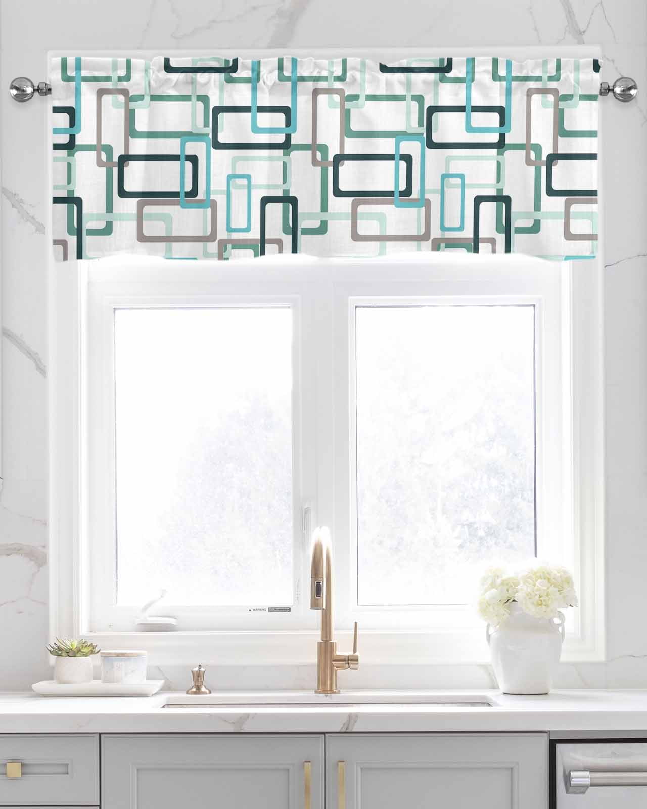 Aqua Green Linen Curtain Valance for Bedroom/Bathroom/Kitchen/Office/Living/Dining Room Windows, Geometric Black Grey Simple White Rod Pocket Topper Decorative Cafe Drapes Panel 54"x18"