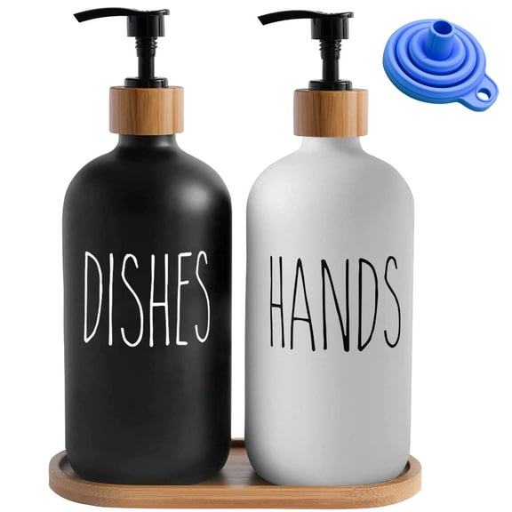 Glass Soap Dispenser Set of 2, Glass Soap Dispenser Bottle with Pump, 16 Oz Refillable Liquid Hand Jar Dispenser for Bathroom, Countertop, Kitchen, Laundry Room (Black & White)