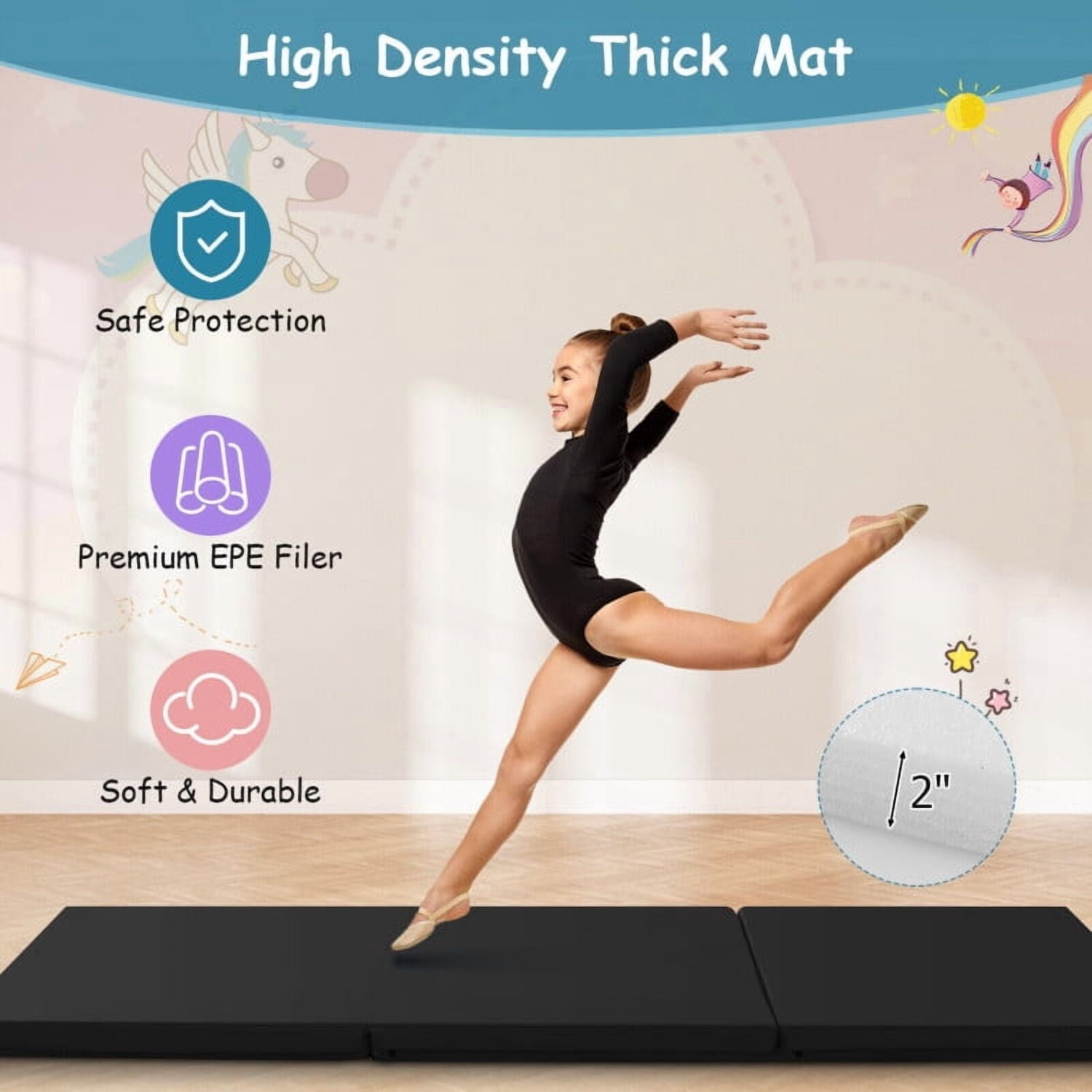 Resenkos Gymnastics Mat, Exercise Tumbling Mat,6 x 2 FT Tri-Fold Gym Mat with Handles and Removable Zippered Cover-Black
