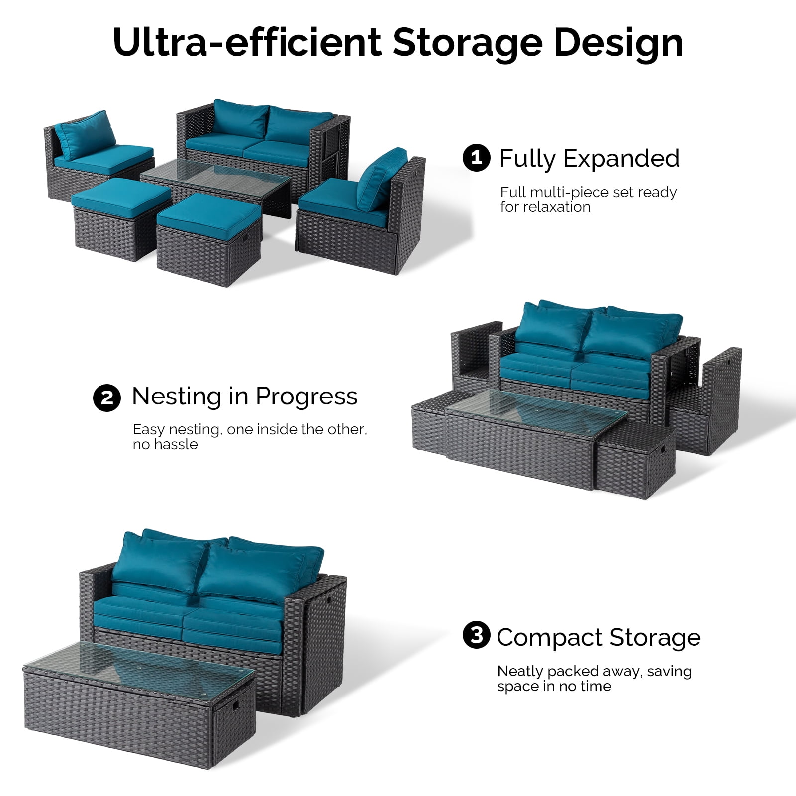 2pcs Armless Sofa + 2pcs Footstool + 1pcs Double Sofa + 1pcs Coffee Table With Storage Black Rattan And Peacock Green Cushions, Rattan Multi-Piece Set