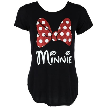 - Women's Fashion Glitter Minnie Mouse Bow T Shirt, Black
