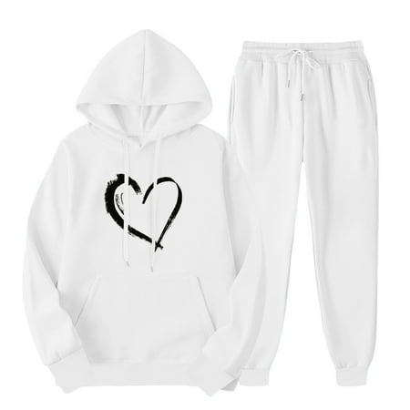 aohooy Womens Sweat Suits 2 Piece with Hoodie Womens Sweatsuits 2 Piece Sets Heart Graphic Long Sleeve Drawstring Hoodie Pullover Outfits Sweatshirt Cute Trendy Lounge Sweat Set White L
