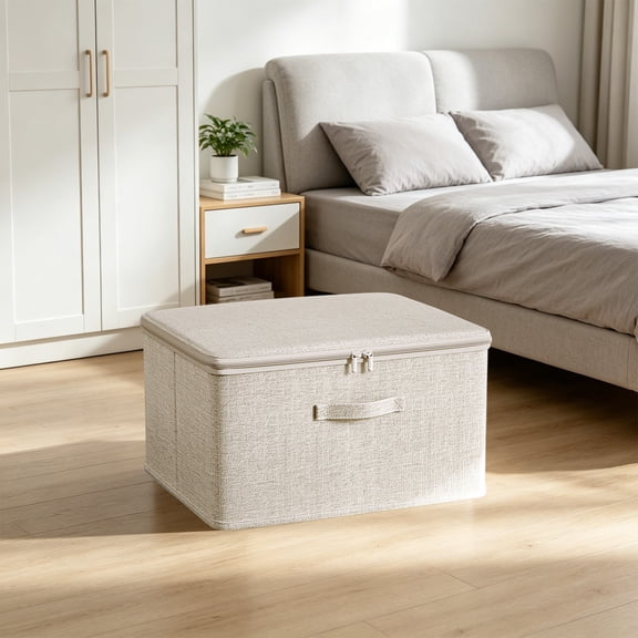 Cotton Linen Foldable Storage Box with Zippered Closure, Fabric Organizer for Clothes and Household Items, 8.27" x 11.81" x 15.74", KTFgvq
