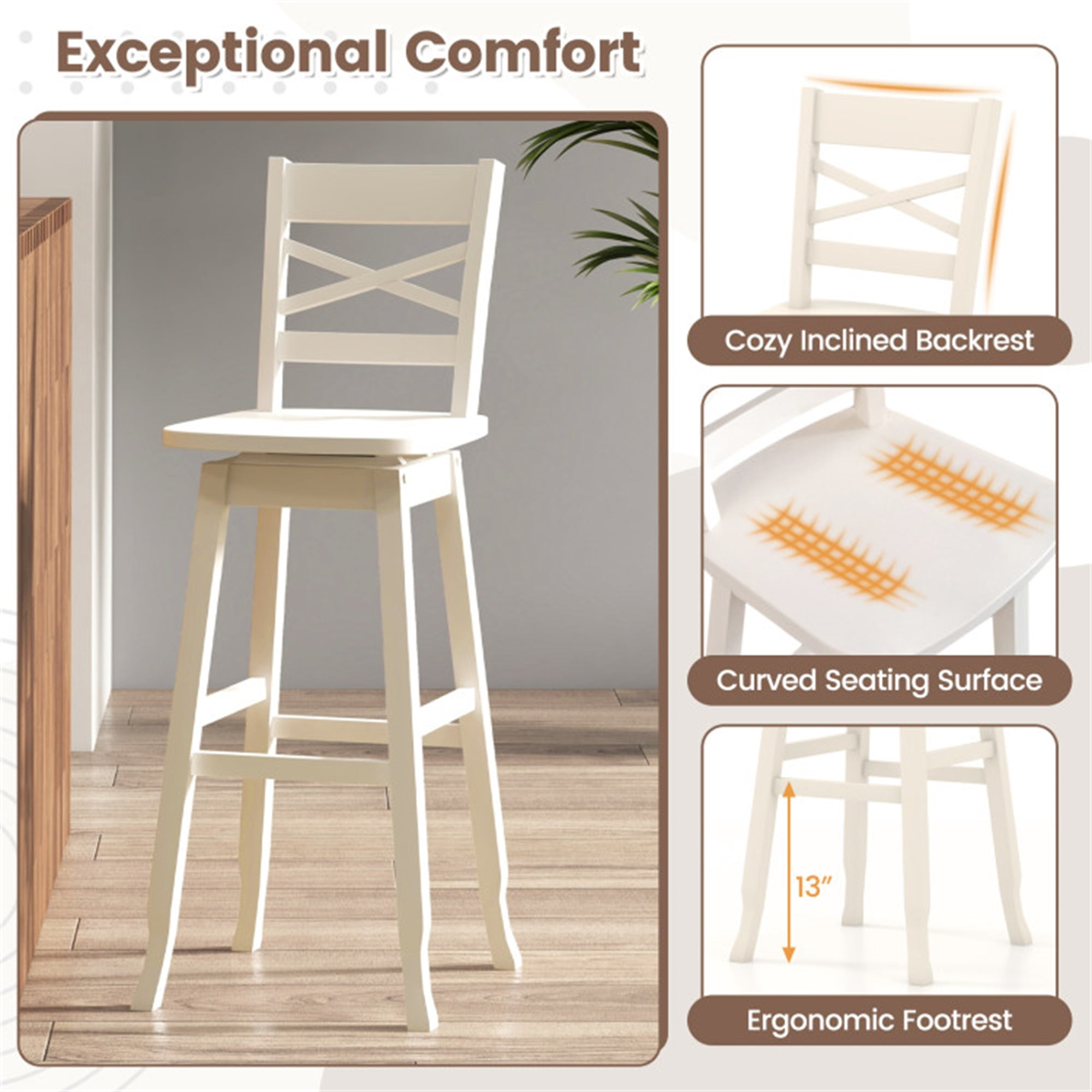 Demi Bonn Set of 2 Swivel Counter 30" Height Bar Stool withclined Backrest, Modern Kitchen Dining Chair, White